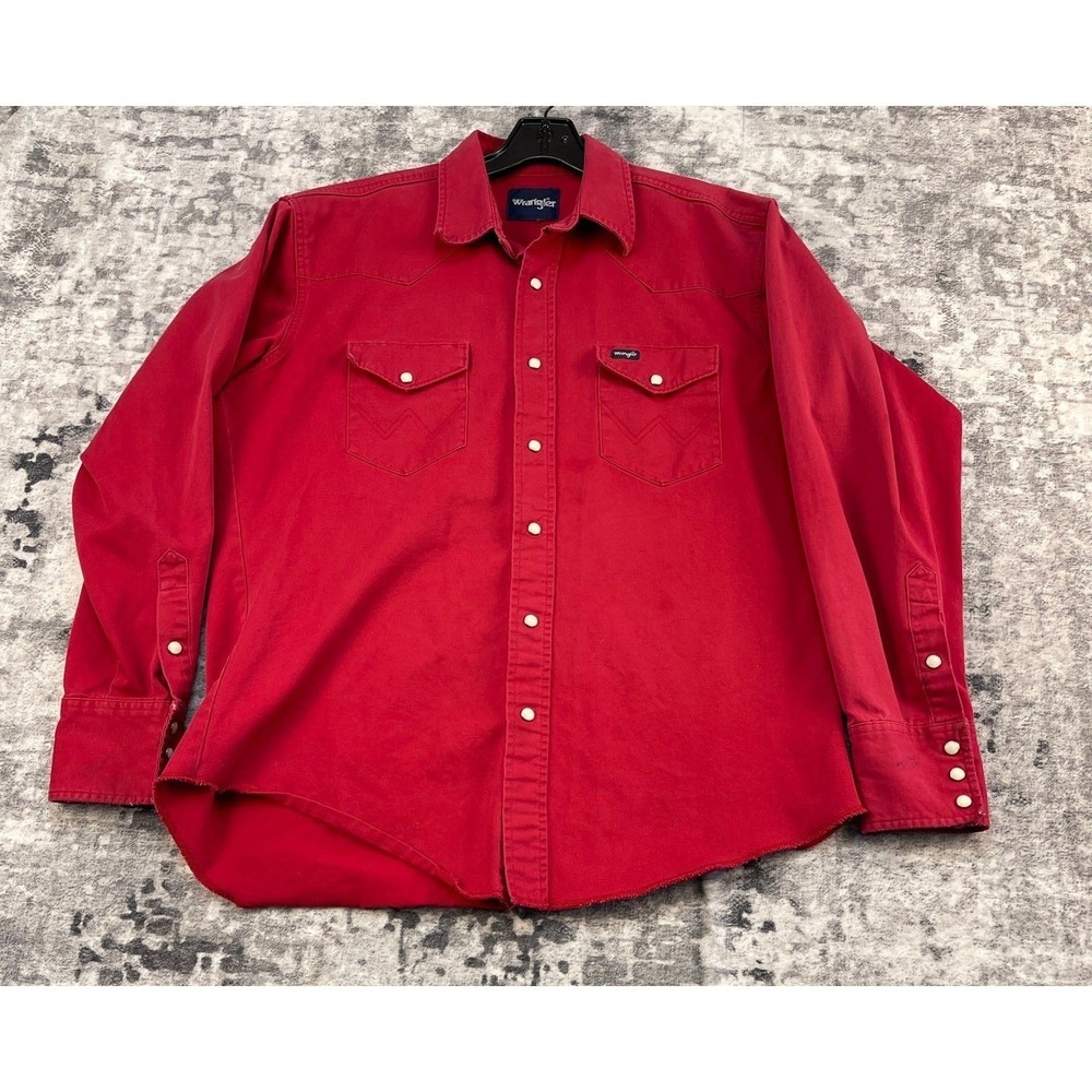 Wrangler Mens Western Pearl Snap Long Sleeve Shirt Red Solid Cotton Twill